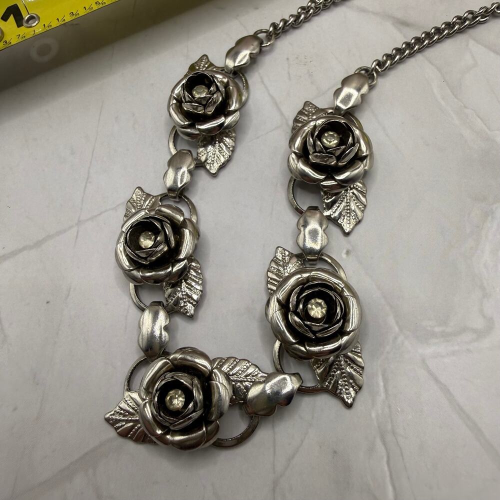 Vintage Silver Tone Rose Floral Necklace Rhinestone Victorian Statement